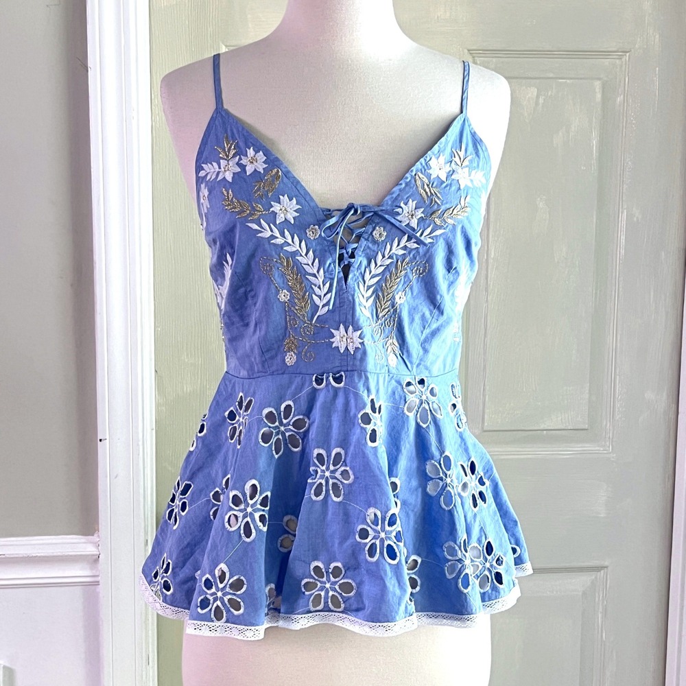 Venus Peplum Cami Top 4 Womens Embroider Eyelet Blue Boho Coquette Cottagecore